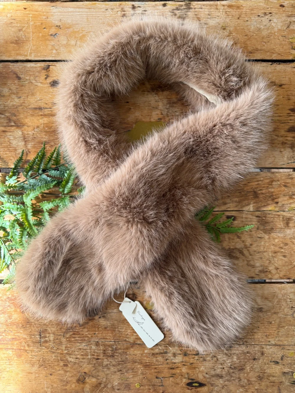 Vintage Havana Plush Faux Fur Scarf in Taupe Brown